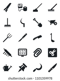 Set of vector isolated black icon - job vector, farm fork, rake, watering can, wheelbarrow, saw, hoe, sickle, monitor pulse, blood pressure, scalpel, cut, drawing pin, paper clip, ladle, rolling