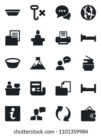 Set of vector isolated black icon - reception vector, bed, manager place, folder document, no hook, network, dialog, speaker, update, news, printer, copier, bedroom, bowl, information, motivation