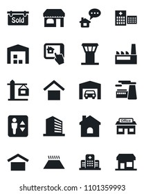 Set of vector isolated black icon - airport tower vector, elevator, shop, office building, factory, house, hospital, store, warehouse storage, garage, sold signboard, crane, home control app