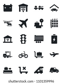 Set of vector isolated black icon - plane vector, baggage conveyor, trolley, fork loader, larry, ladder car, helicopter, seat map, luggage scales, bike, traffic light, truck trailer, no, garage