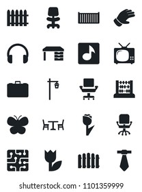 Set of vector isolated black icon - cafe vector, office chair, case, abacus, desk, fence, glove, butterfly, garden light, cargo container, tulip, headphones, music, tv, chip, tie