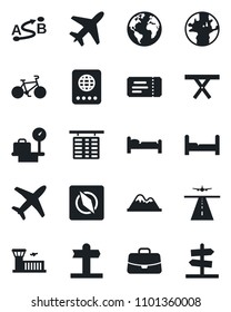 Set of vector isolated black icon - plane vector, runway, ticket, passport, bed, flight table, luggage scales, airport building, case, picnic, bike, signpost, earth, route, compass, mountains
