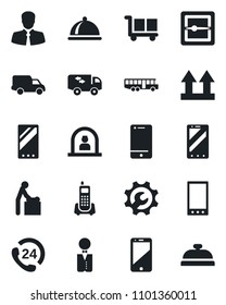 Set of vector isolated black icon - airport bus vector, baby room, reception, mobile phone, office, 24 hours, client, car delivery, cargo, up side sign, cell, scanner, root setup, moving, waiter