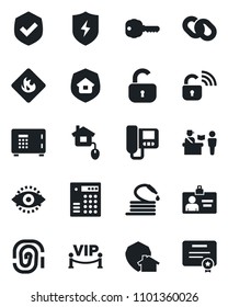 Set of vector isolated black icon - passport control vector, safe, identity card, hose, shield, flammable, chain, protect, eye id, key, lock, estate insurance, vip zone, home, wireless, intercome