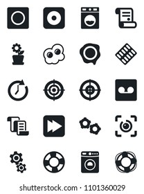 Set of vector isolated black icon - washer vector, gear, contract, stamp, pills blister, fast forward, rec button, record, eye id, target, flower in pot, omelette, clock, crisis management