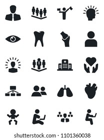 Set of vector isolated black icon - dispatcher vector, baby, team, heart hand, lungs, real, tooth, eye, joint, hospital, client, group, user, company, shining head, hierarchy, man with notebook