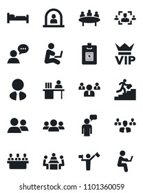 Set of vector isolated black icon - dispatcher vector, vip, reception, bed, speaking man, team, meeting, speaker, group, identity card, hr, manager desk, career ladder, estate agent, with notebook
