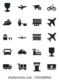 Set of vector isolated black icon - plane vector, airport tower, bus, building, wheelbarrow, bike, railroad, sea shipping, truck trailer, car delivery, port, fragile, cargo