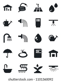 Set of vector isolated black icon - watering can vector, water drop, hose, pond, drip irrigation, umbrella, warehouse, bathroom, drink, heater, warm floor, sprinkler
