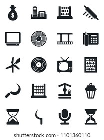 Set of vector isolated black icon - abacus vector, well, sickle, film frame, vinyl, tv, microphone, office phone, rolling pin, outdoor lamp, windmill, money bag, sand clock