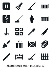 Set of vector isolated black icon - trowel vector, farm fork, rake, saw, hoe, garden knife, cargo container, rack, pause button, application, paper clip, ink pen, heater, radiator