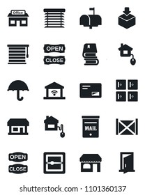 Set of vector isolated black icon - shop vector, checkroom, store, container, umbrella, package, mail, scanner, book, mailbox, open close, home control, jalousie, garage gate, door