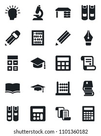 Set of vector isolated black icon - contract vector, book, calculator, graduate, abacus, desk, microscope, ink pen, pencil, shining head