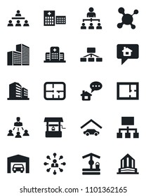 Set of vector isolated black icon - hierarchy vector, well, molecule, hospital, office building, garage, plan, home message