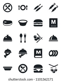 Set of vector isolated black icon - spoon and fork vector, dish, cafe, menu, plates, waiter, steak, kebab, hamburger, bowl, sushi