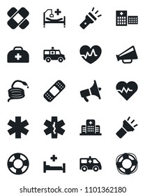 Set of vector isolated black icon - hose vector, heart pulse, doctor case, patch, ambulance star, car, hospital bed, loudspeaker, torch, crisis management