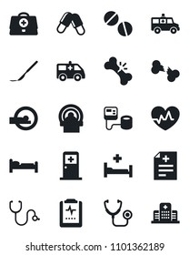 Set of vector isolated black icon - bed vector, medical room, heart pulse, doctor case, diagnosis, stethoscope, blood pressure, pills, scalpel, tomography, ambulance car, hospital, broken bone