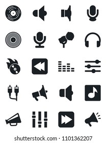 Set of vector isolated black icon - vinyl vector, flame disk, microphone, speaker, loudspeaker, settings, equalizer, headphones, fast forward, rewind, rca, tuning, music, sound, advertising
