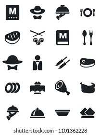 Set of vector isolated black icon - spoon and fork vector, waiter, dish, restaurant table, cafe, menu, plates, dress code, chicken, steak, kebab, ham, bowl, sushi, serviette