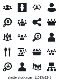 Set of vector isolated black icon - spoon and fork vector, male, team, meeting, patient, user, hr, company, client search, consumer, group, social media, hierarchy