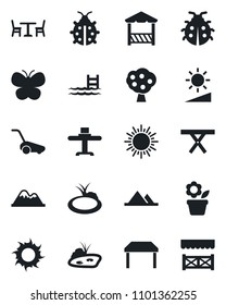 Set of vector isolated black icon - cafe vector, sun, flower in pot, lawn mower, butterfly, lady bug, pond, picnic table, brightness, pool, fruit tree, mountains, restaurant, alcove