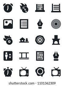 Set of vector isolated black icon - elevator vector, abacus, stamp, fireplace, film frame, vinyl, flame disk, gallery, alarm, ink pen, house with tree, tv