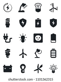 Set of vector isolated black icon - bulb vector, battery, low, protect, charge, desk lamp, windmill, socket, power plug, energy saving, idea