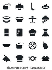 Set of vector isolated black icon - fridge vector, cook, restaurant table, serviette, cafe, hat, plates, waiter, ladle, bowl, rolling pin, cutting board, steaming pan