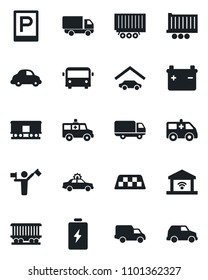Set of vector isolated black icon - dispatcher vector, taxi, airport bus, parking, alarm car, ambulance, railroad, truck trailer, delivery, garage, gate control, battery