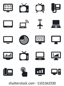 Set of vector isolated black icon - plane radar vector, wireless notebook, pc, statistic monitor, pulse, tv, touch screen, laptop, statistics, intercome