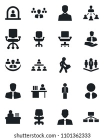 Set of vector isolated black icon - reception vector, manager, office chair, client, user, company, desk, hierarchy, estate agent, group