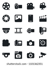 Set of vector isolated black icon - camera vector, clapboard, film frame, reel, video, phone back, mobile, gallery, photo, web, intercome, surveillance