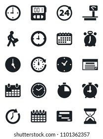 Set of vector isolated black icon - 24 around vector, alarm clock, calendar, heavy scales, stopwatch, manager, schedule, sand