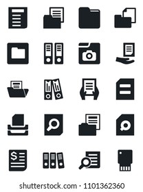 Set of vector isolated black icon - office binder vector, document search, receipt, folder, photo gallery, paper, tray, usb flash