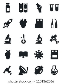 Set of vector isolated black icon - satellite antenna vector, book, blood test vial, microscope, ampoule, real heart, joint, virus, sd, thermometer, rocket, flask