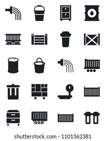 Set of vector isolated black icon - trash bin vector, bucket, watering, railroad, truck trailer, cargo container, consolidated, oil barrel, heavy scales, archive box, water filter