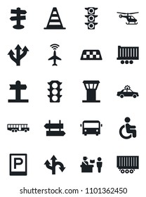 Set of vector isolated black icon - airport tower vector, plane radar, taxi, bus, parking, passport control, signpost, alarm car, border cone, helicopter, disabled, route, traffic light