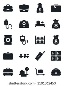 Set of vector isolated black icon - suitcase vector, baggage conveyor, trolley, larry, luggage storage, scales, checkroom, case, money bag, fertilizer, doctor, dropper