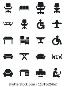 Set of vector isolated black icon - cafe vector, waiting area, disabled, office chair, desk, picnic table, cushioned furniture, restaurant, man with notebook