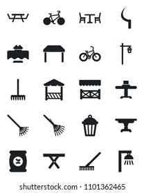 Set of vector isolated black icon - cafe vector, rake, sickle, garden light, picnic table, fertilizer, bike, restaurant, alcove, outdoor lamp