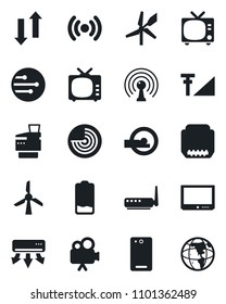 Set of vector isolated black icon - tv vector, radar, tomography, antenna, video camera, low battery, hdmi, phone back, network, data exchange, cellular signal, copier, wireless, router, windmill