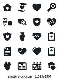 Set of vector isolated black icon - heart vector, pulse, diagnosis, blood pressure, diagnostic, shield, hand, real, medical calendar, clipboard, sweet home