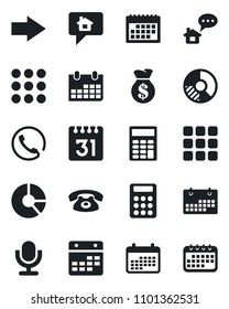 Set of vector isolated black icon - right arrow vector, calendar, circle chart, microphone, menu, calculator, phone, home message, money bag