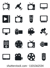 Set of vector isolated black icon - reel vector, satellite, tv, video camera, remote control, monitor