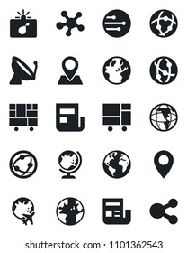Set of vector isolated black icon - satellite antenna vector, bomb in case, globe, plane, earth, pin, consolidated cargo, network, share, news, social media
