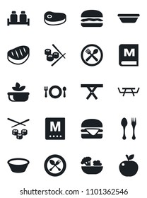 Set of vector isolated black icon - spoon and fork vector, picnic table, cafe, menu, salad, salt pepper, steak, hamburger, bowl, sushi, apple fruit