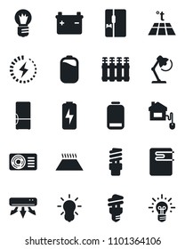 Set of vector isolated black icon - bulb vector, low battery, charge, desk lamp, air conditioner, fridge, home control, water heater, radiator, warm floor, energy saving, idea