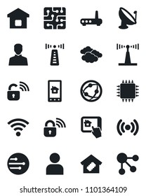 Set of vector isolated black icon - antenna vector, clouds, satellite, network, user, wireless, smart home, chip, lock, router, control app, social media