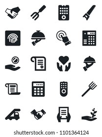 Set of vector isolated black icon - ladder car vector, handshake, document, garden fork, farm, saw, heart hand, touch screen, fingerprint id, waiter, remote control, combination lock, investment