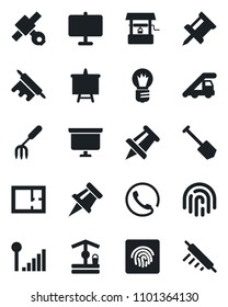 Set of vector isolated black icon - ladder car vector, presentation board, drawing pin, bulb, job, garden fork, well, satellite, fingerprint id, cellular signal, plan, phone, rolling